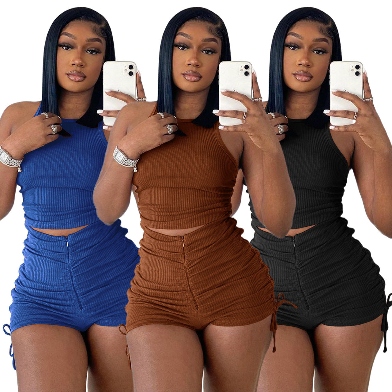 Front-Zip shorts Tank Top Two-piece Set