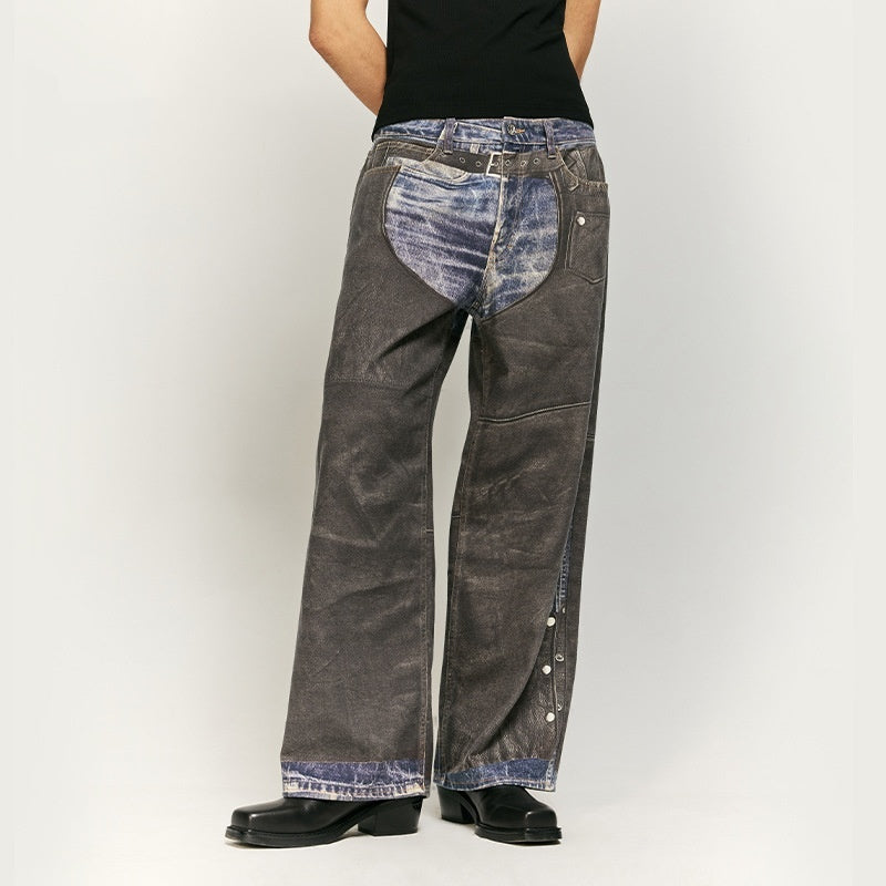 Leder Patchwork Digitaldruck Jeans Marke Wide Leg Jeans