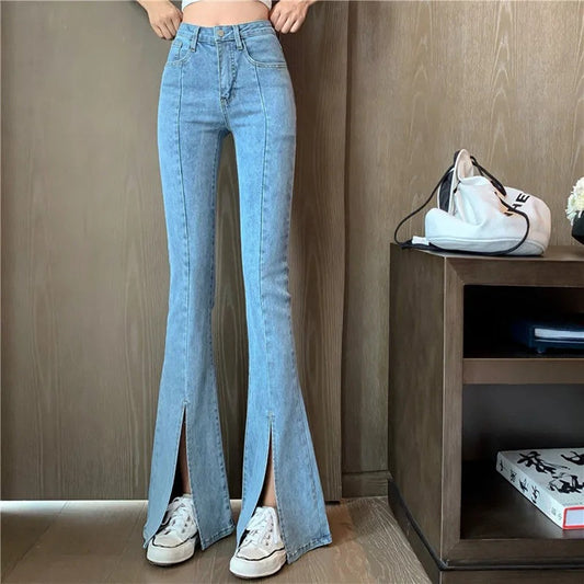 Women's High Waist Slit Jeans Micro Flared Pants
