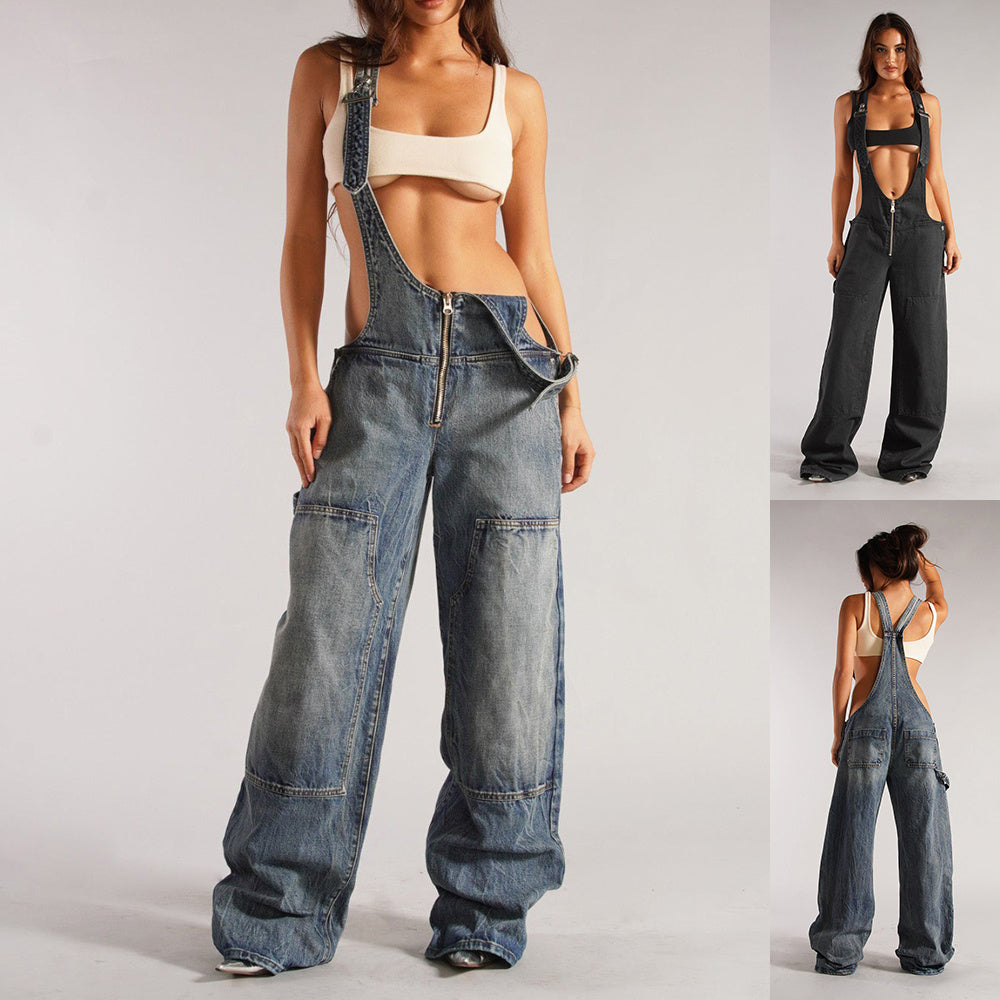 Y2K Zipper Denim Overalls Jumpsuit Jeans