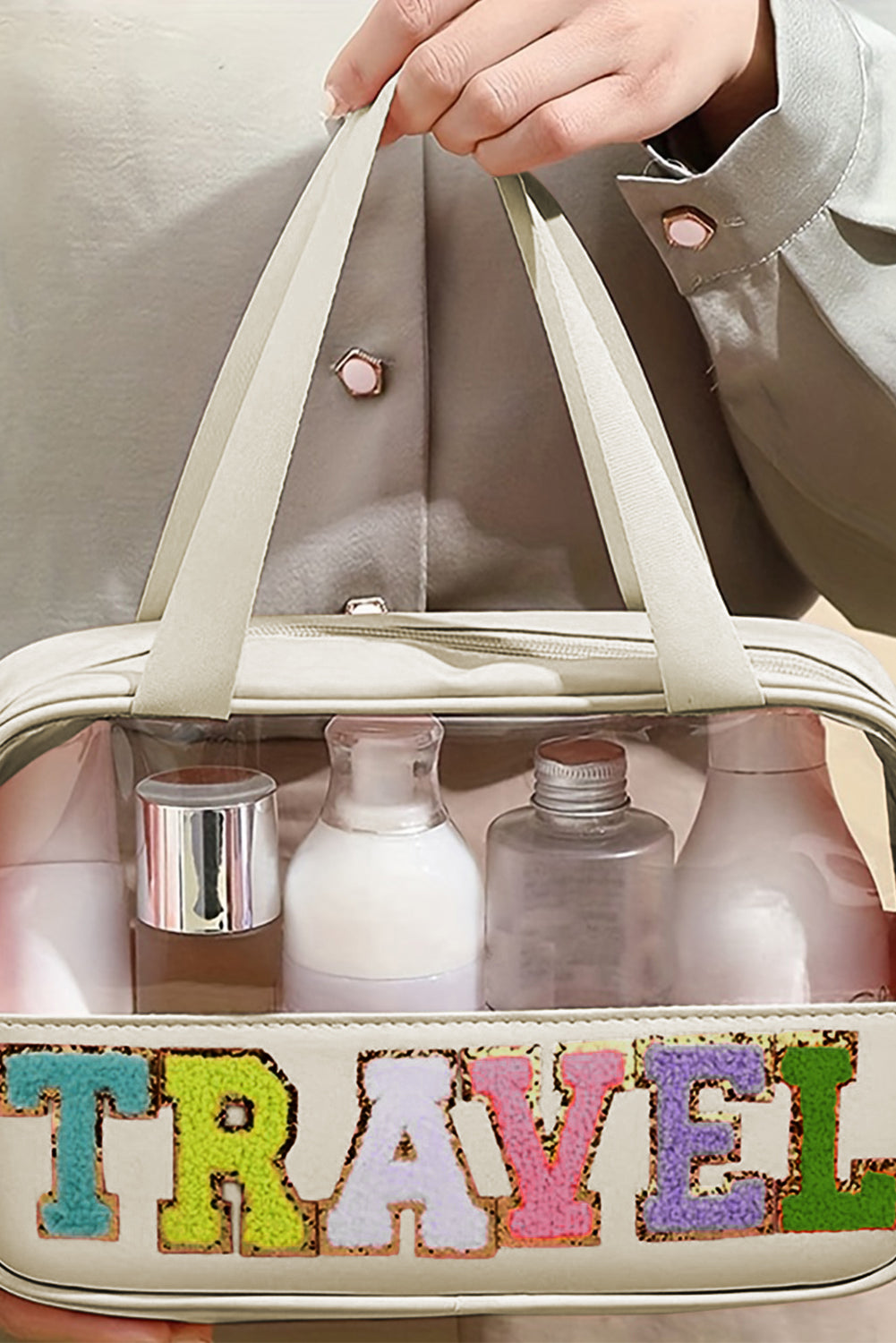 Bolsa de maquillaje transparente de viaje con diseño de pergamino