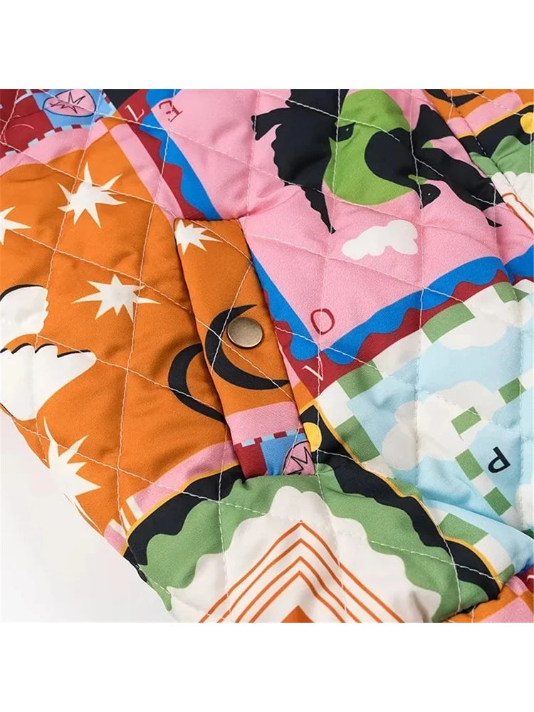 Graffiti print lapel single breasted loose cotton jacket for women