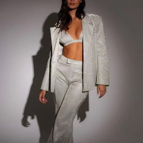 3pcs Pant Suit With Bra Shiny set For Women