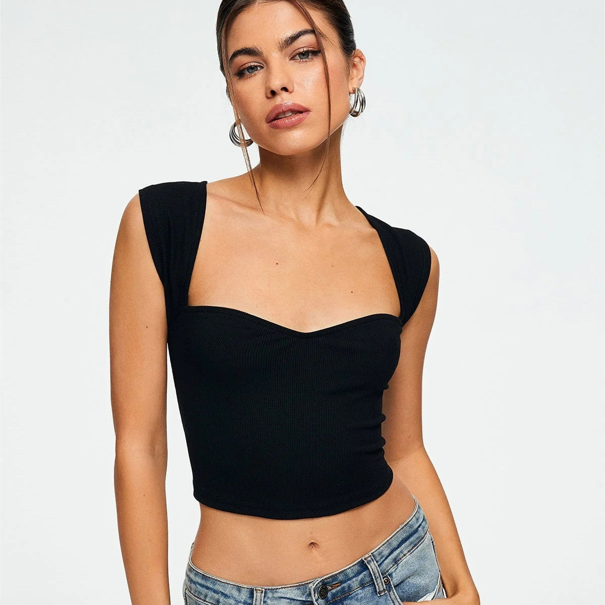 Crop Top Herzausschnitt Einfarbig Gerippt Ärmellos