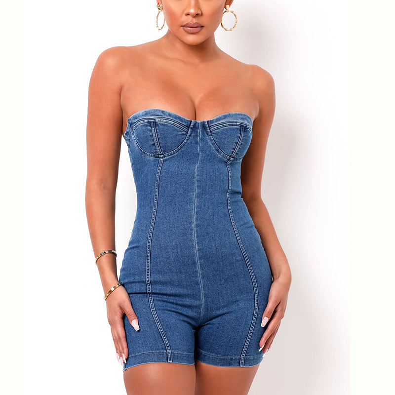 Tube Top Suspender Denim Jumpsuit