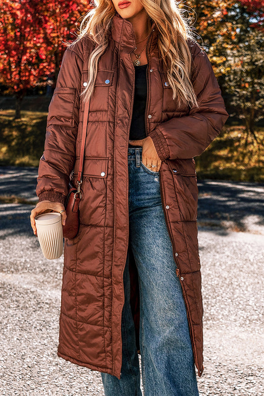 Coffee Quilted Puffer Zipped Mid-length Coat
