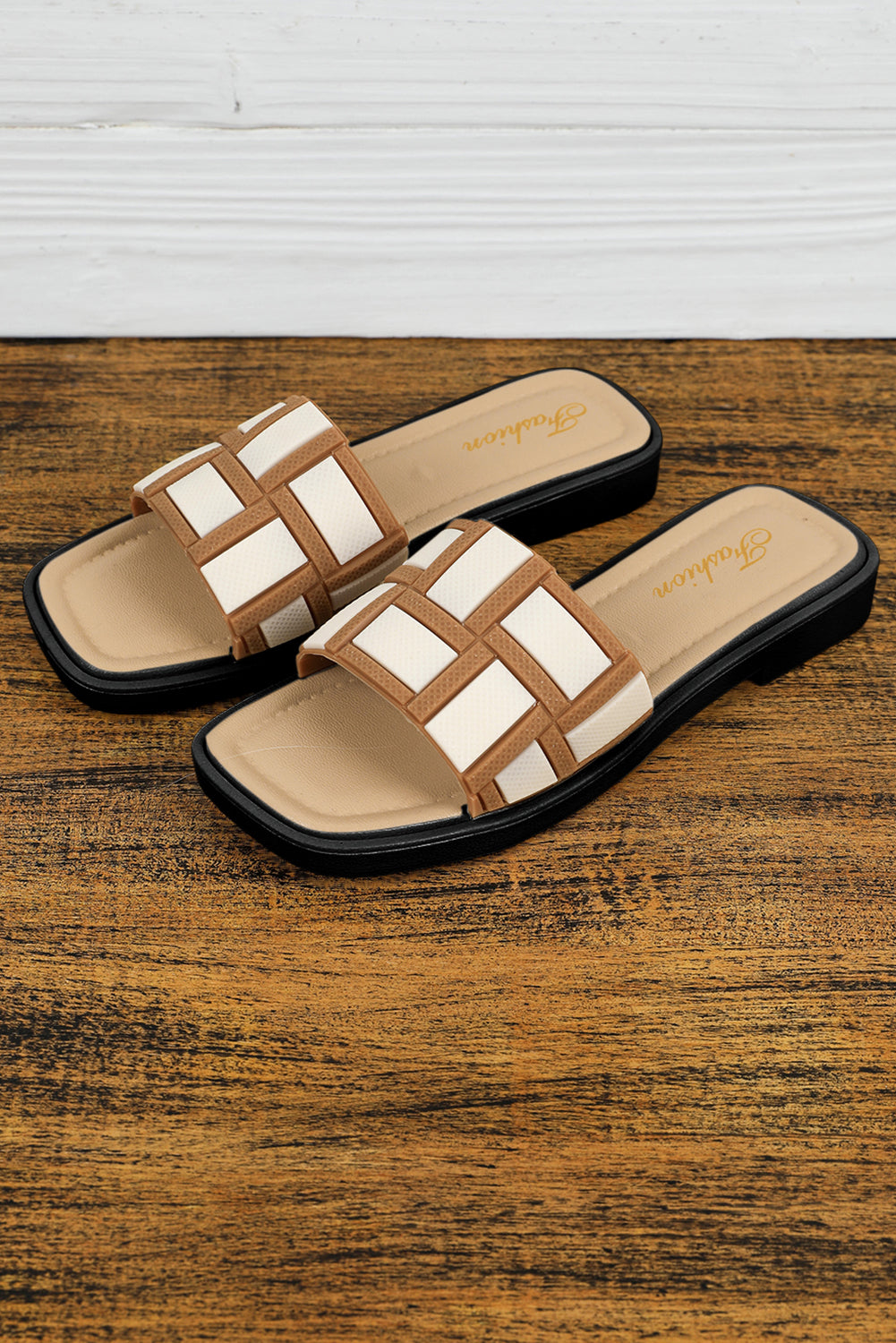 Beige Leather Square Toe Slippers