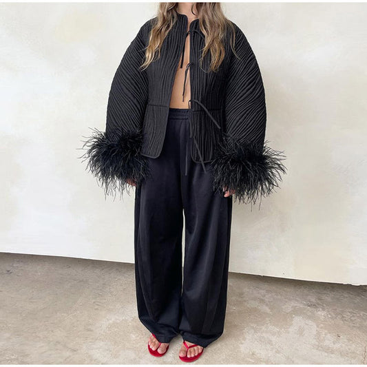 Solid color lace up feather jacket