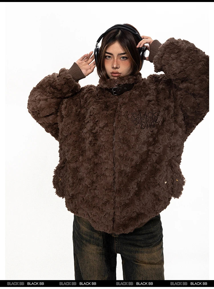 Belt Buckle Stand Collar Lamb Wool Coat