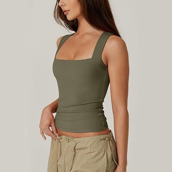Summer Square-neck Tank Solid Tops
