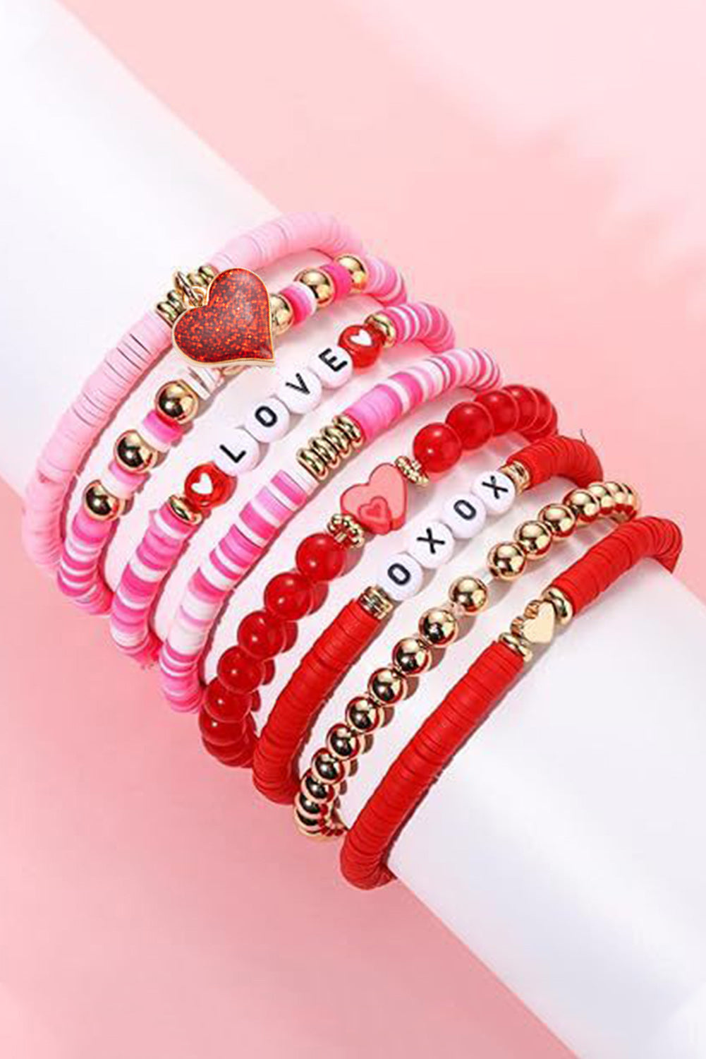 Conjunto de pulseras de cuentas con forma de corazón de San Valentín en color rosa