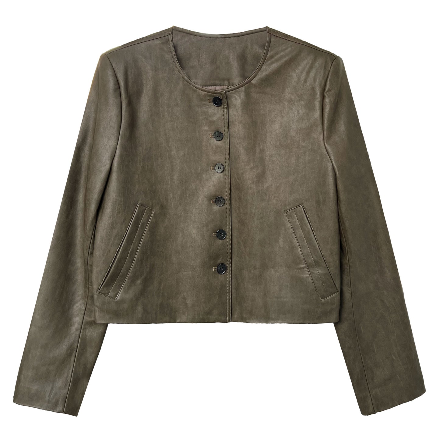 Vintage round neck leather jacket