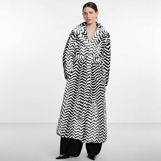 Super Long Faux Fur Coat Luxury Striped Furry Jacket