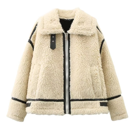 Solid Women Coat Turn Down Collar Zipper Jacket