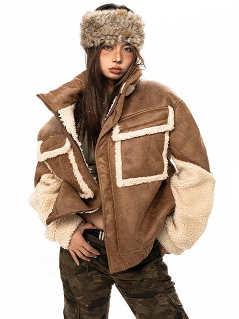 Leather Spliced Lamb Wool Padded Coat Vintage