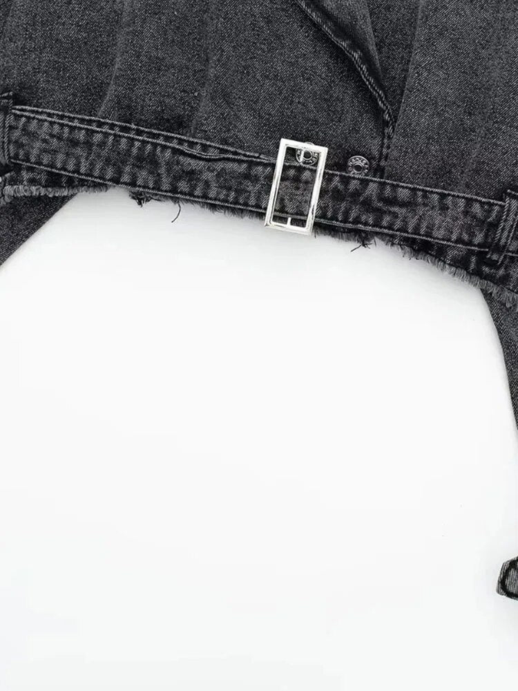 Woman Cropped Denim Jacket With Belt Jean