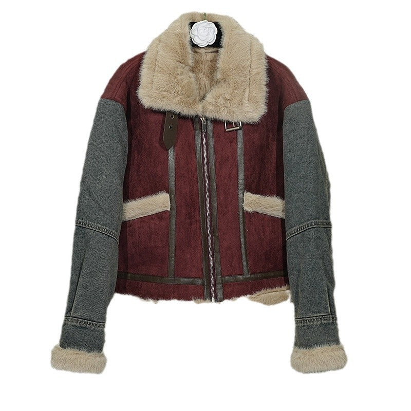 European and American personalized design fur collar jacket women's winter jacket zipper top