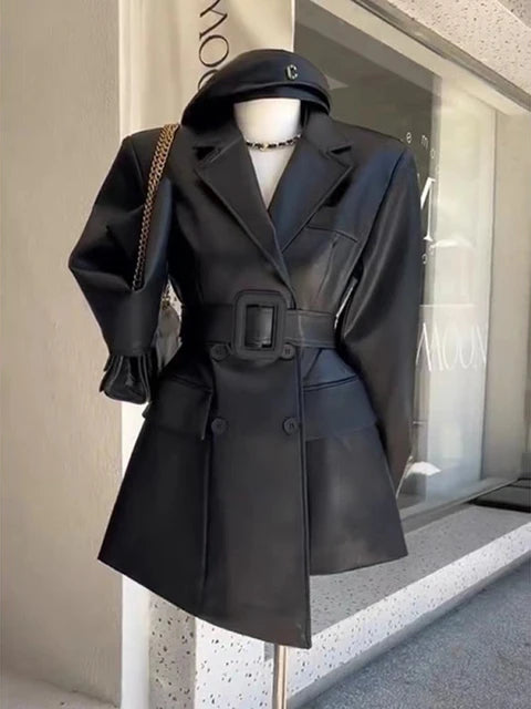 Coffee PU Leather Jacket With Belt Office Lady Coat