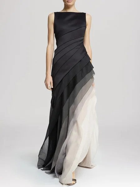 Gauze dress, multi-layer heavy industry dress, high waisted long dress, solid black temperament, commuting dress