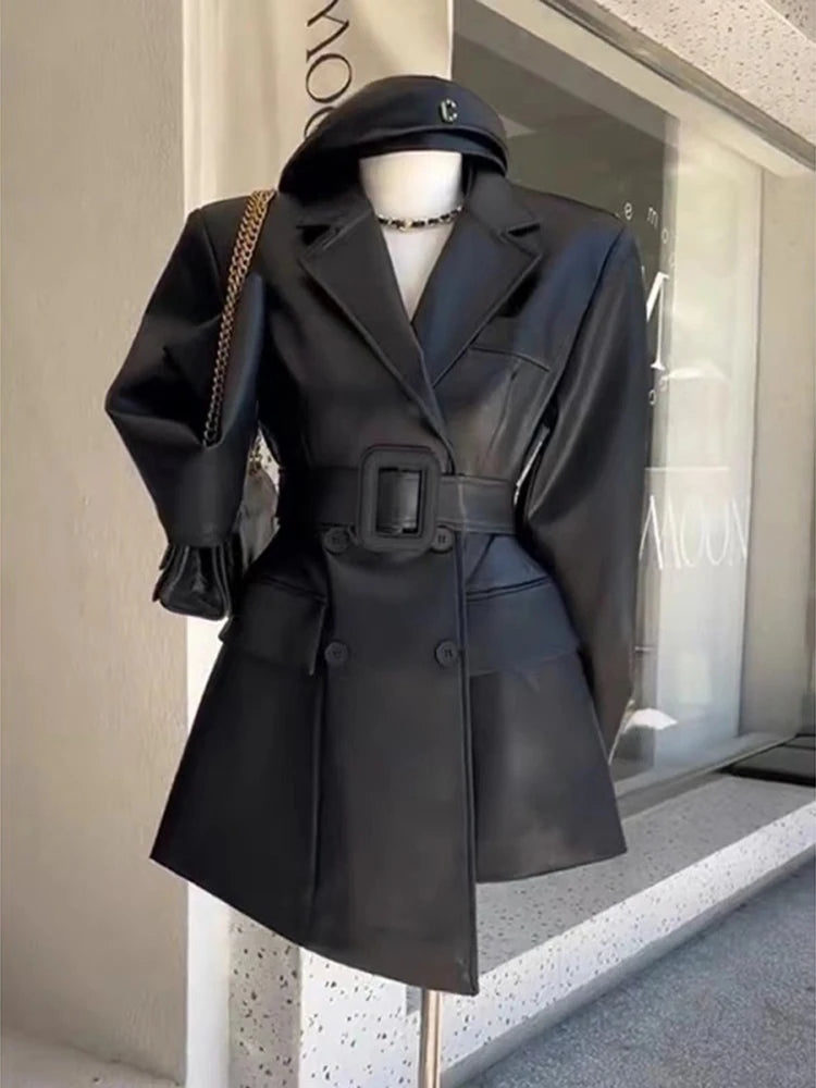 Coffee PU Leather Jacket With Belt Office Lady Coat