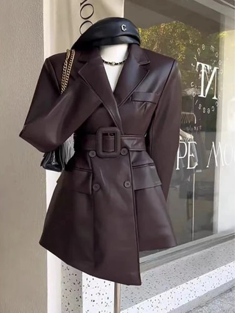 Coffee PU Leather Jacket With Belt Office Lady Coat