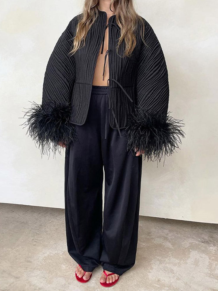 Solid color lace up feather jacket