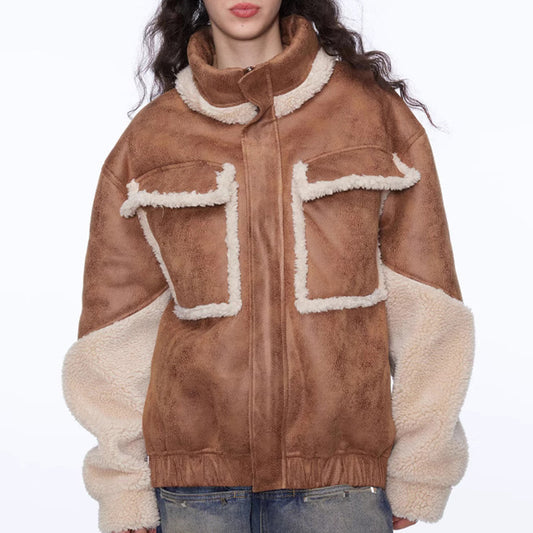Leather Spliced Lamb Wool Padded Coat Vintage