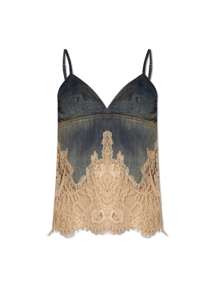 Spicy Girl Lace Splice Soft Face Denim Sling Shorts Set