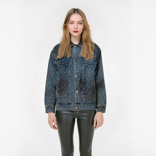 Hot diamond full print denim jacket distressed and dirty loose jacket