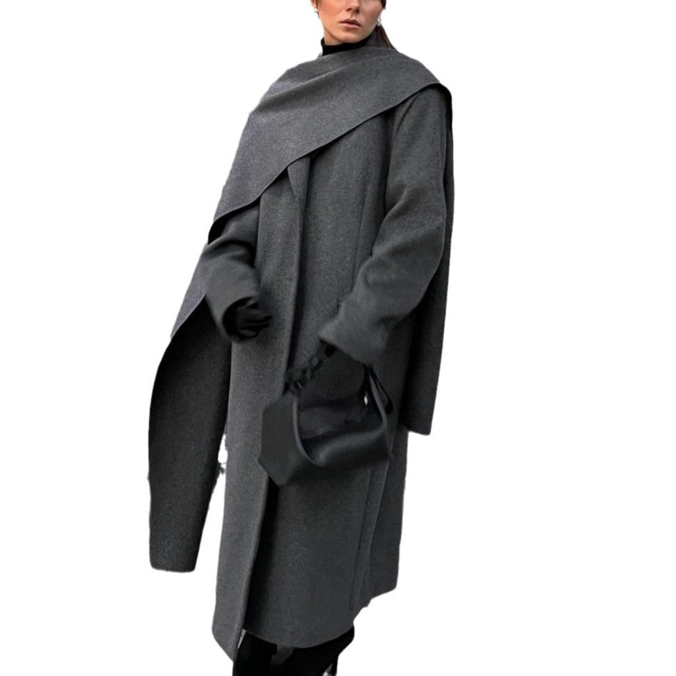 Scarf colla coat cloak long vintage coat gray fashion jacket