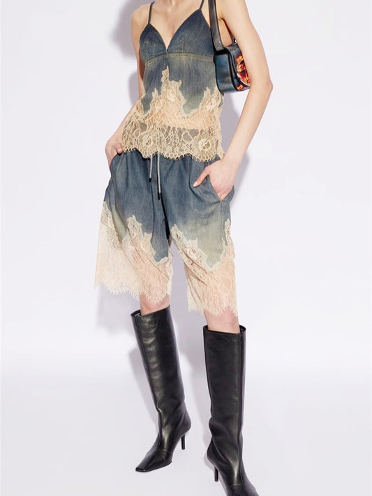 Spicy Girl Lace Splice Soft Face Denim Sling Shorts Set