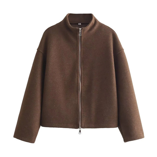Jacket Stand up Collar Loose Long Sleeve Woolen Coat