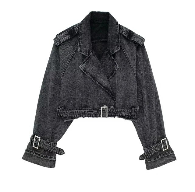 Woman Cropped Denim Jacket With Belt Jean