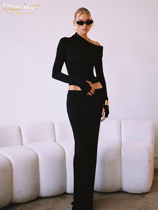 fitting long sleeved top with skirt two-piece set