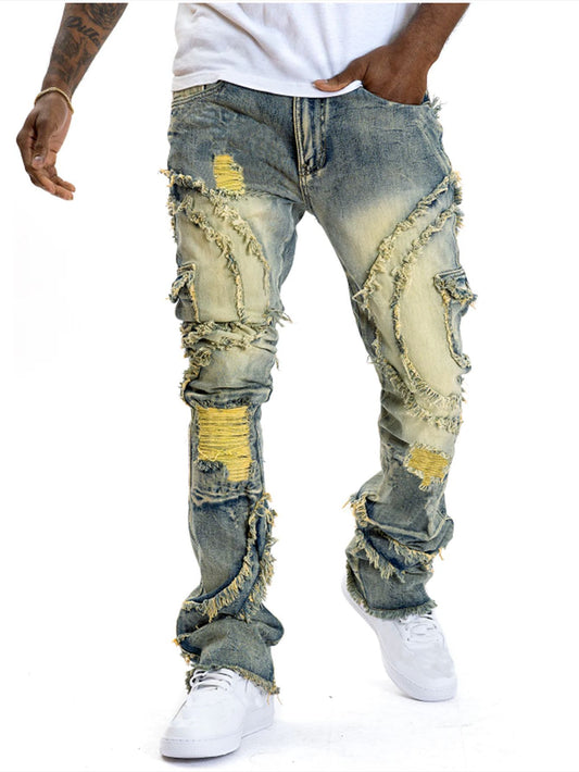 Vaqueros elásticos con flecos y parches de patchwork para hombre