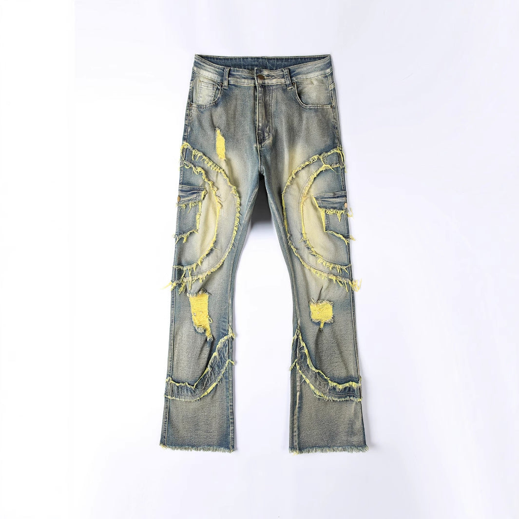 Vaqueros elásticos con flecos y parches de patchwork para hombre