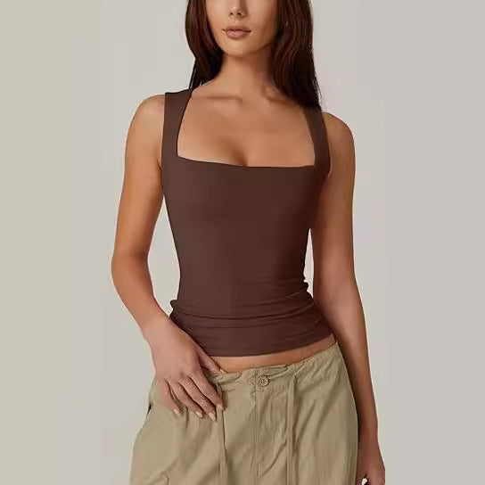 Summer Square-neck Tank Solid Tops