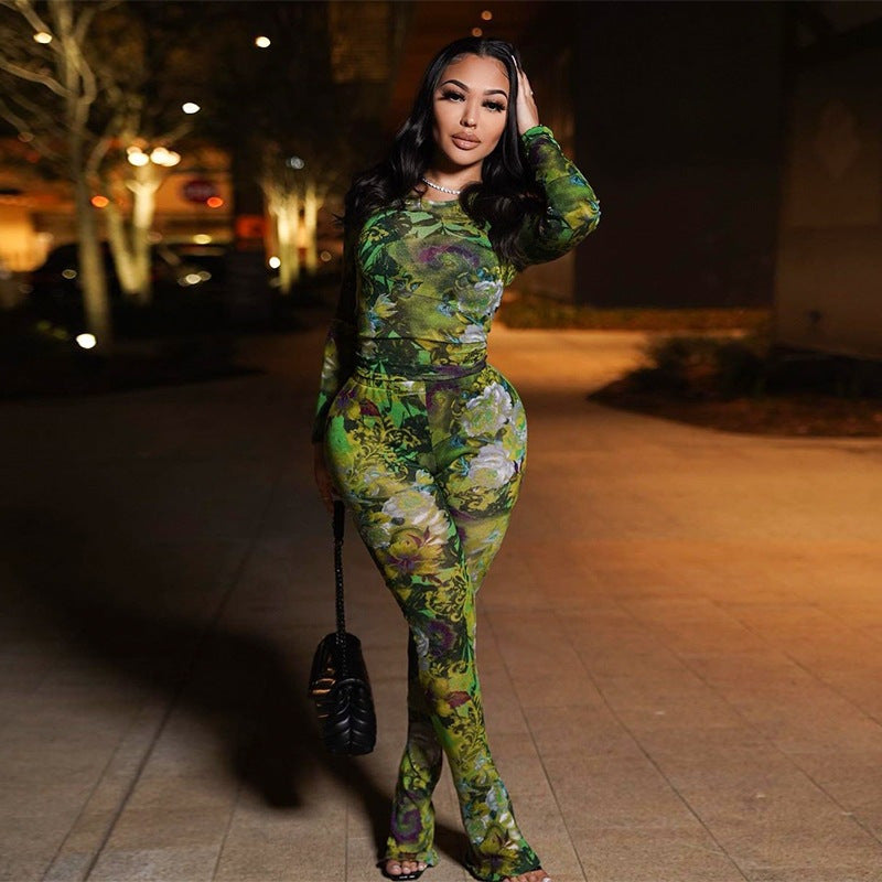 Fashion Mesh Printed Round Neck Long-sleeved Doublet Trousers Polyester Casual Suit