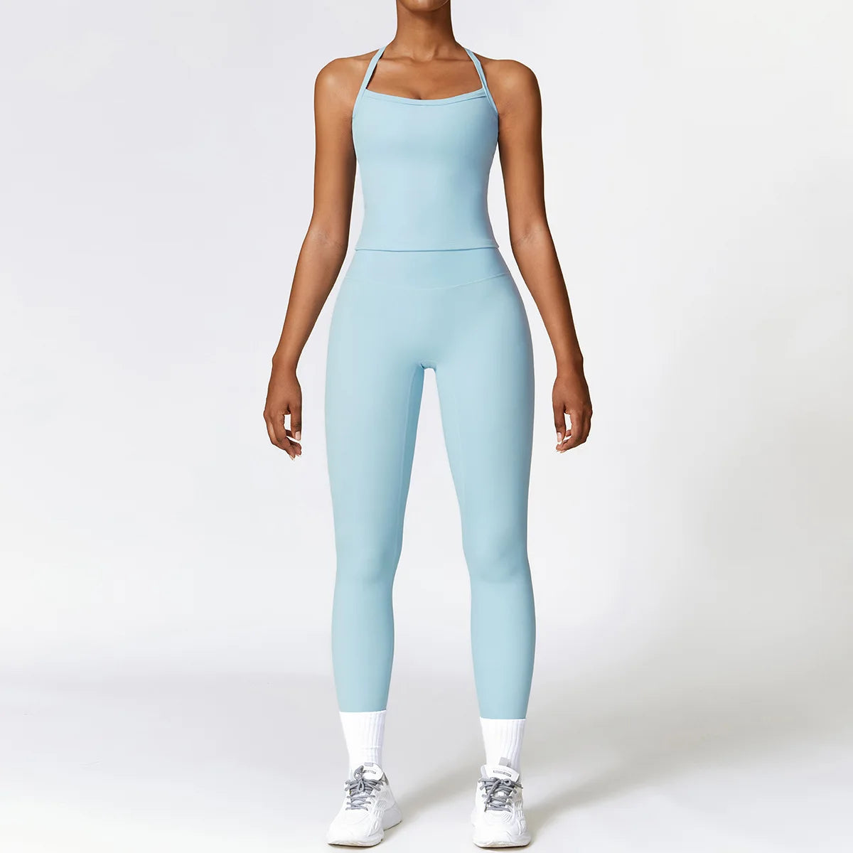 2PCS Seamless Yoga Set (Sky Blue, Black and Frost Grey)