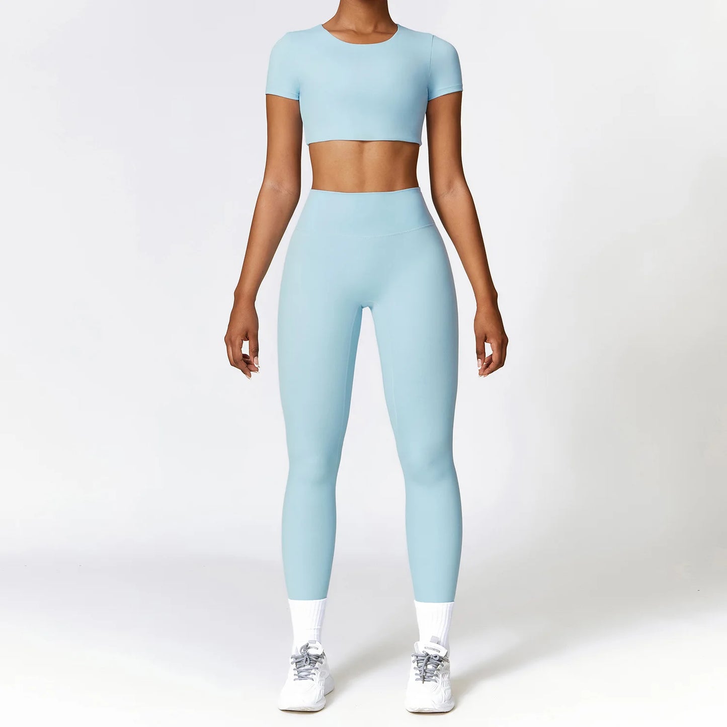 2PCS Seamless Yoga Set (Sky Blue, Black and Frost Grey)