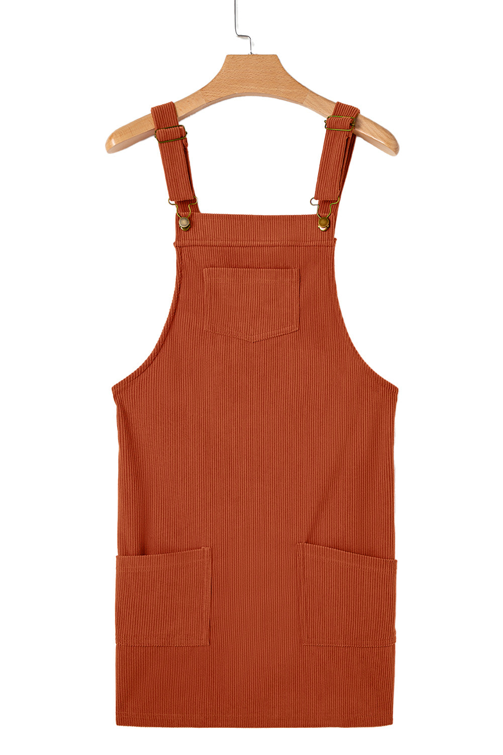 Vestido tipo peto de pana color canela con bolsillos delanteros
