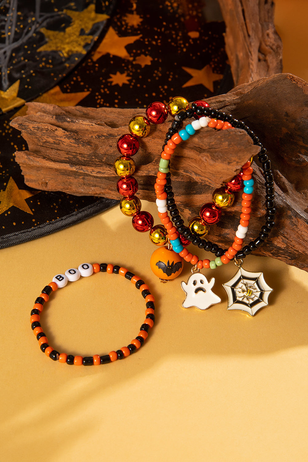 Juego de 4 pulseras de cuentas con telaraña fantasma de Halloween de color naranja