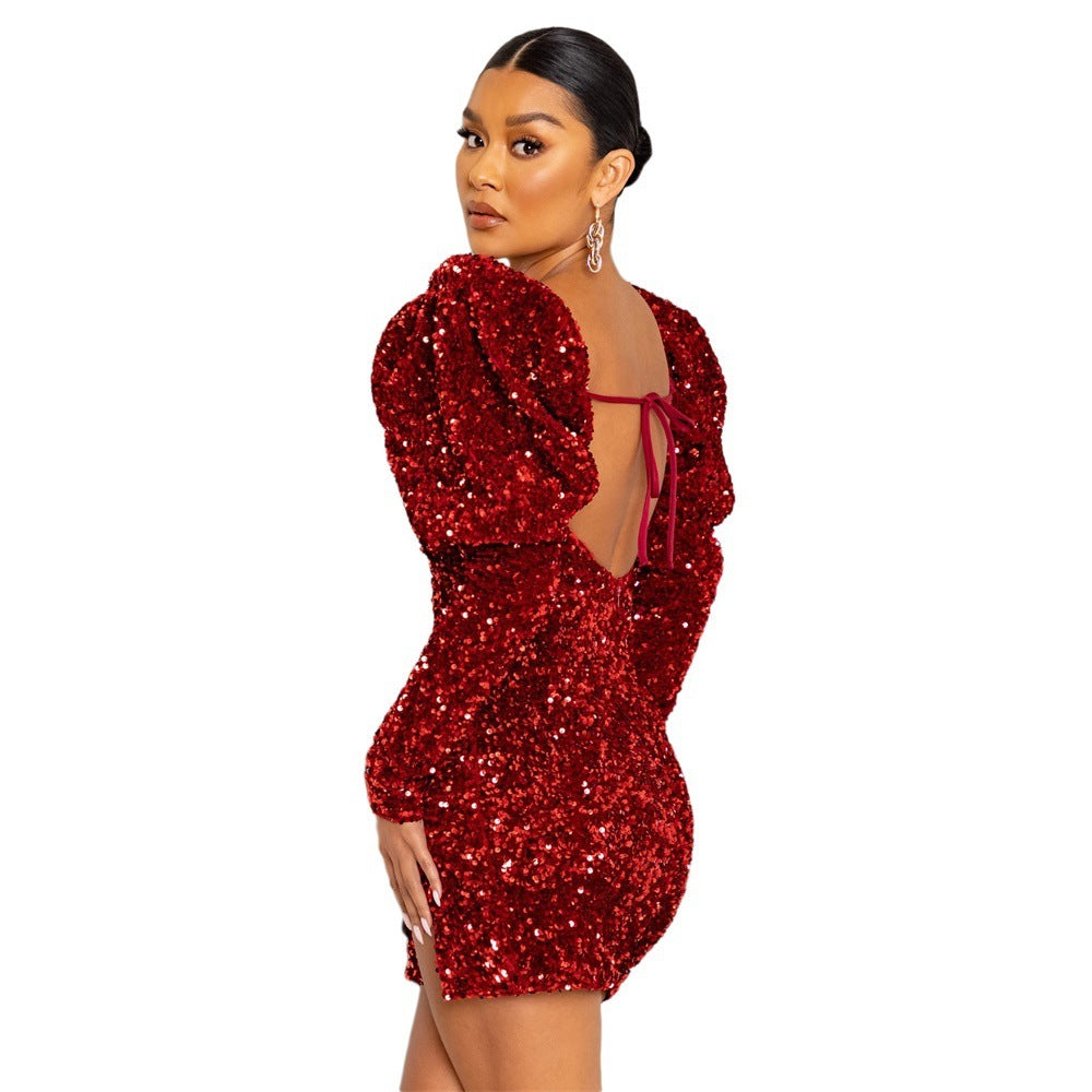 Sequin Padded Shoulder Short dress