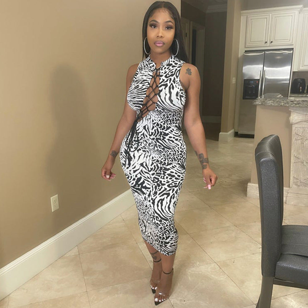 Bodycon Printed Lace-up Cutout dress