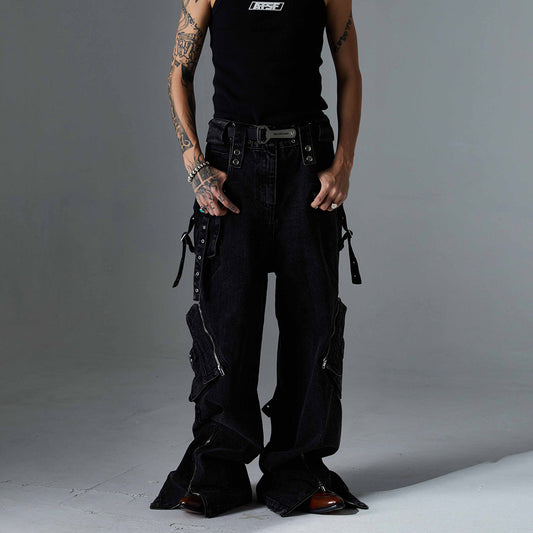 Pantalones casuales con cremallera y múltiples bolsillos de moda urbana