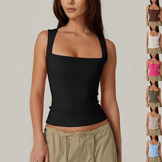 Summer Square-neck Tank Solid Tops