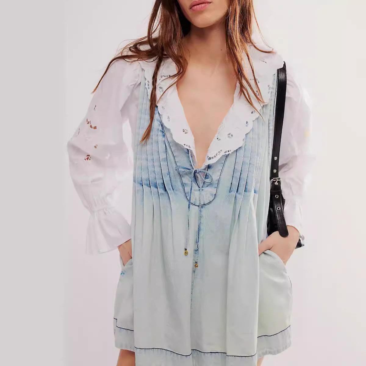 V-neck Denim Shorts Jumpsuit With Pockets Loose Beach Pants