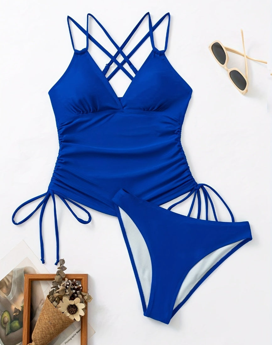 BLUE 2 pcs Solid Color Swimsuit