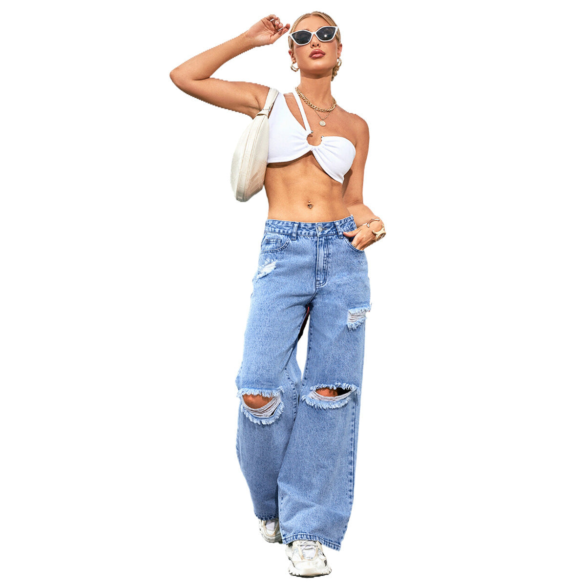 Women's High Waist Ripped Wash Denim Straight Pants