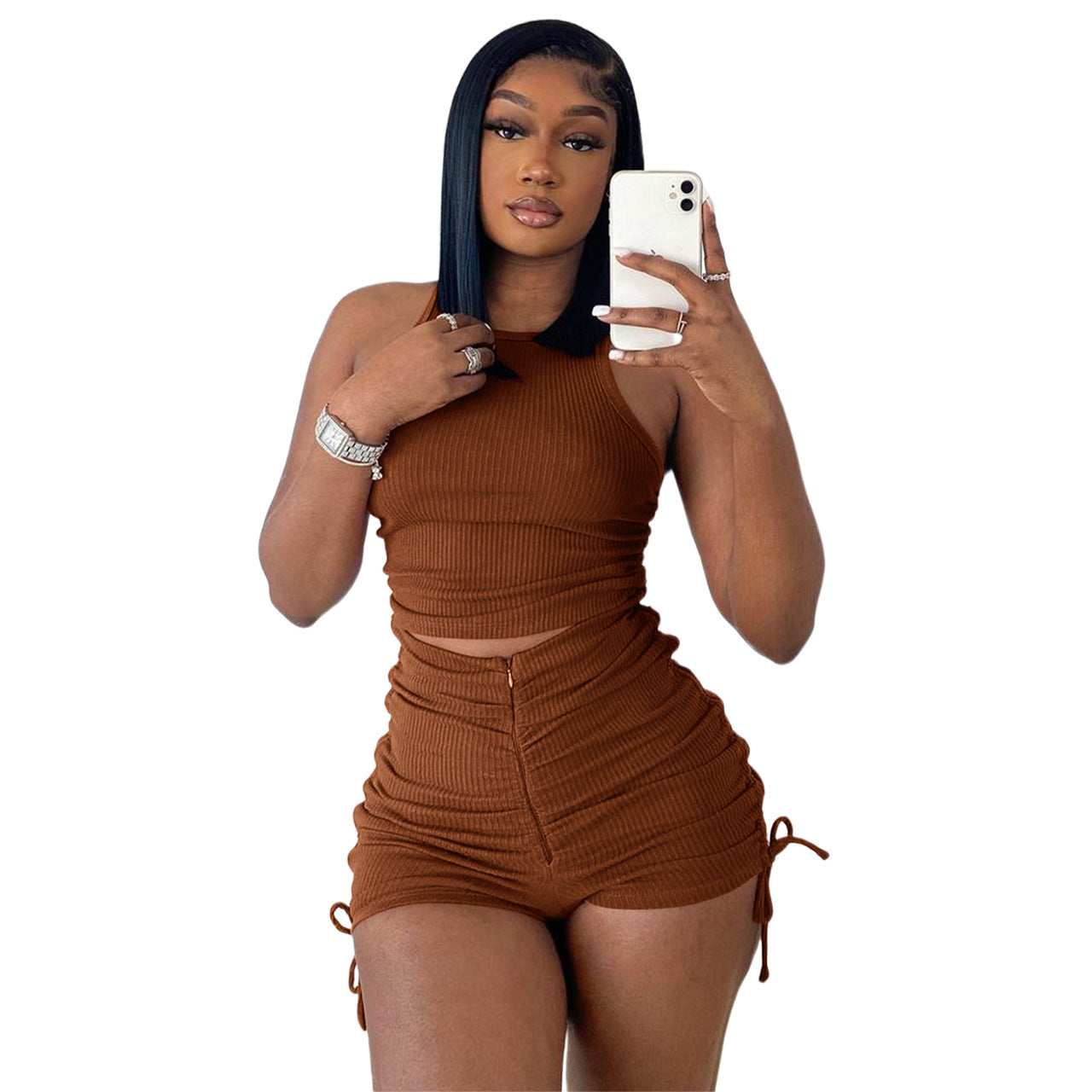 Front-Zip shorts Tank Top Two-piece Set